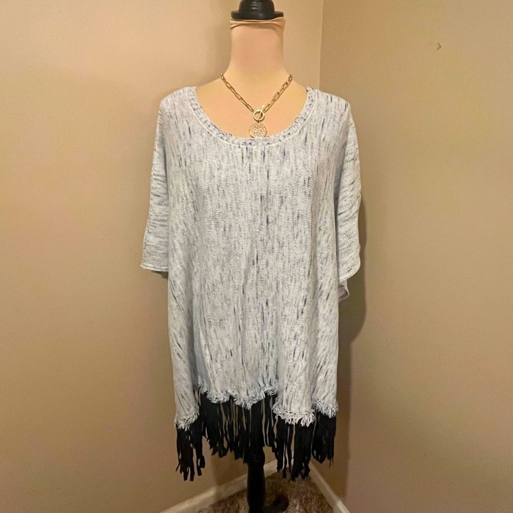 GB Poncho Sweater Gray Short Sleeve,  Black Fringe, Round Neck, size M